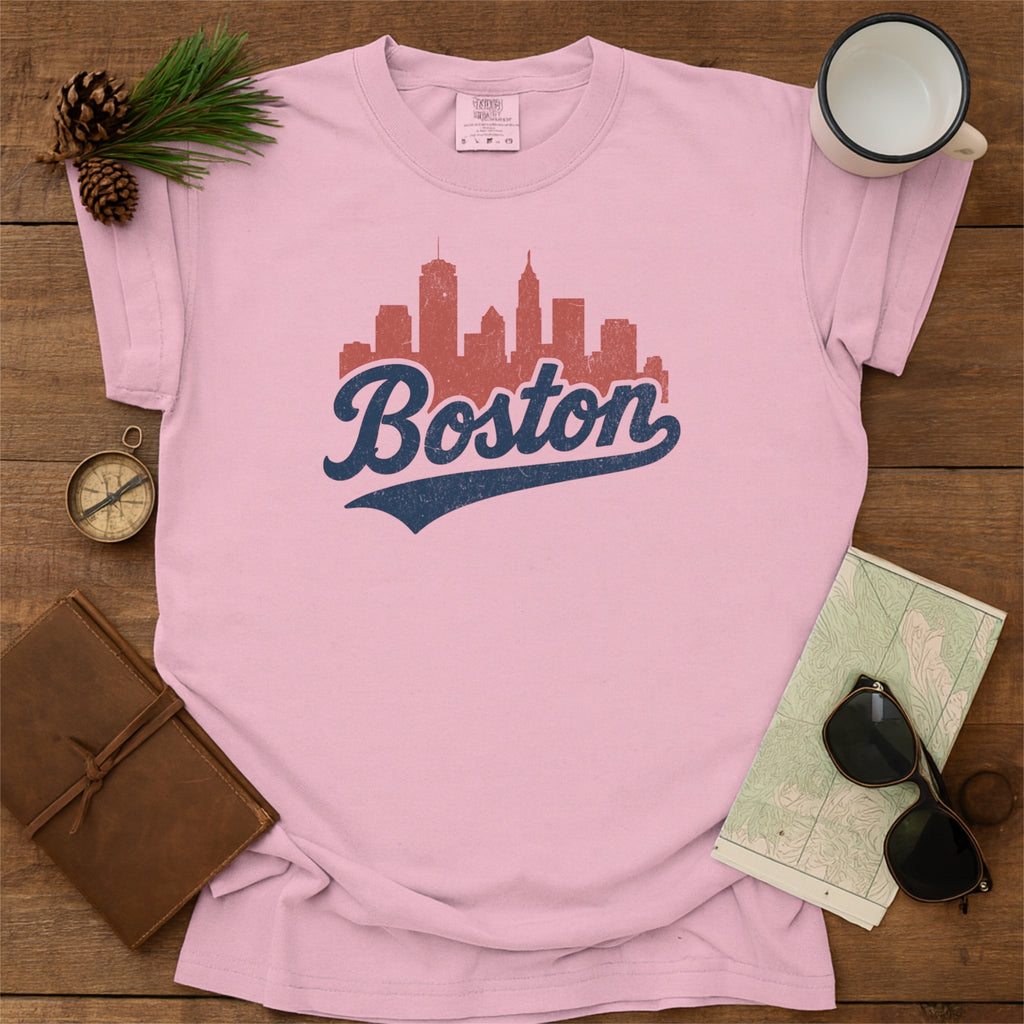 Boston Massachusetts Skyline with Retro Swoosh Comfort Colors Souvenir T-Shirt