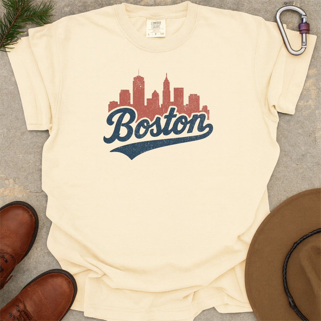 Boston Massachusetts Skyline with Retro Swoosh Comfort Colors Souvenir T-Shirt