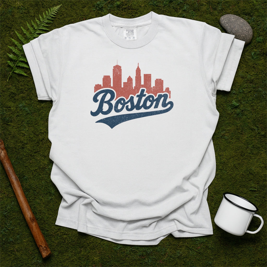 Boston Massachusetts Skyline with Retro Swoosh Comfort Colors Souvenir T-Shirt