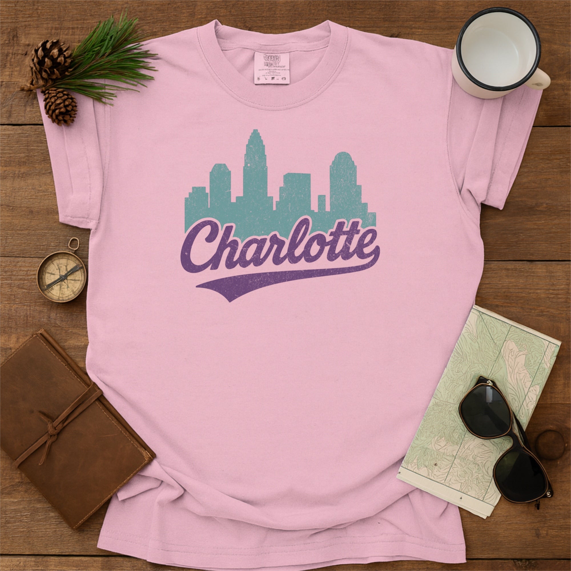 Charlotte NC Skyline with Retro Swoosh Comfort Colors Souvenir T-Shirt