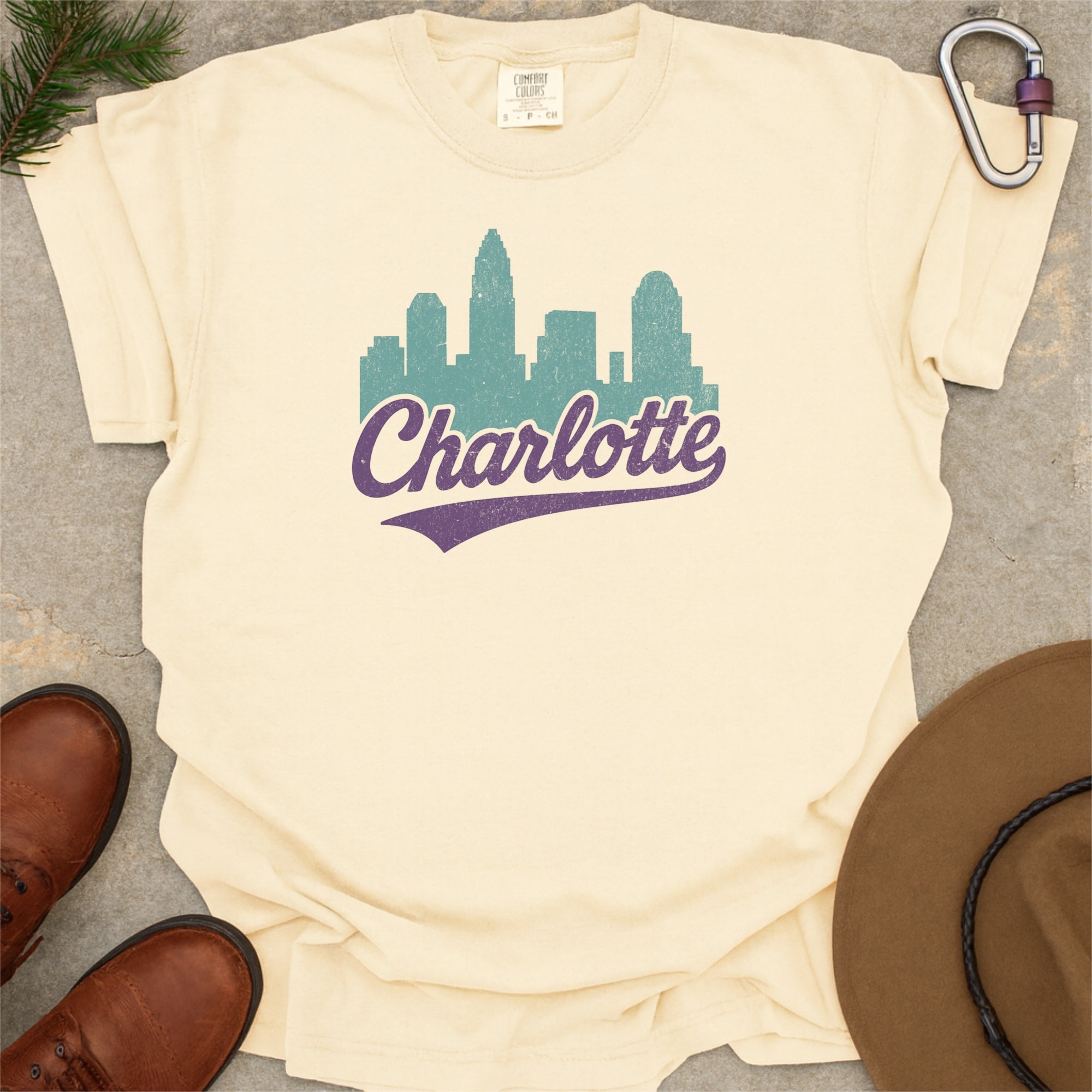Charlotte NC Skyline with Retro Swoosh Comfort Colors Souvenir T-Shirt