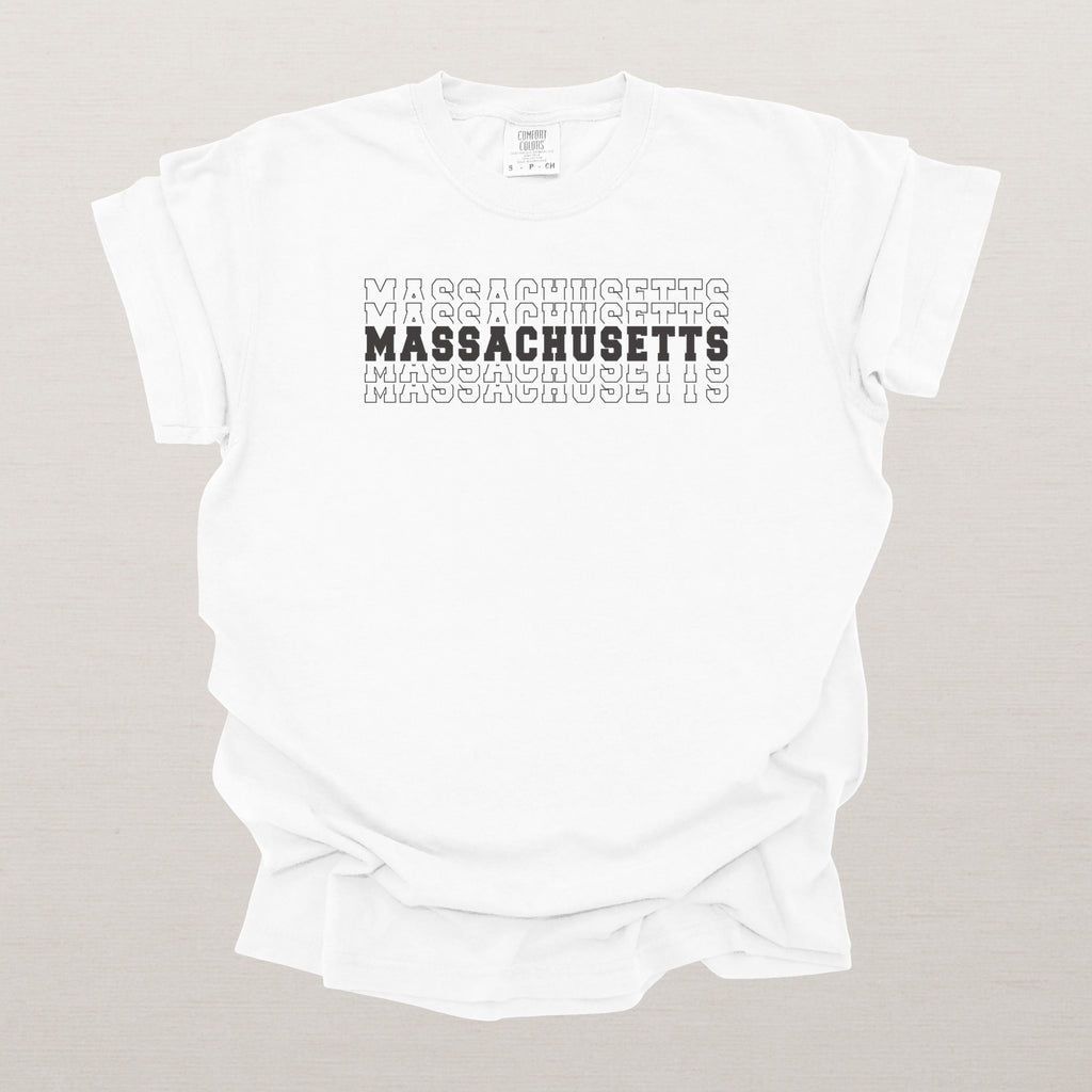 Massachusetts Varsity Echo State Shirt | Comfort Colors Black Text\