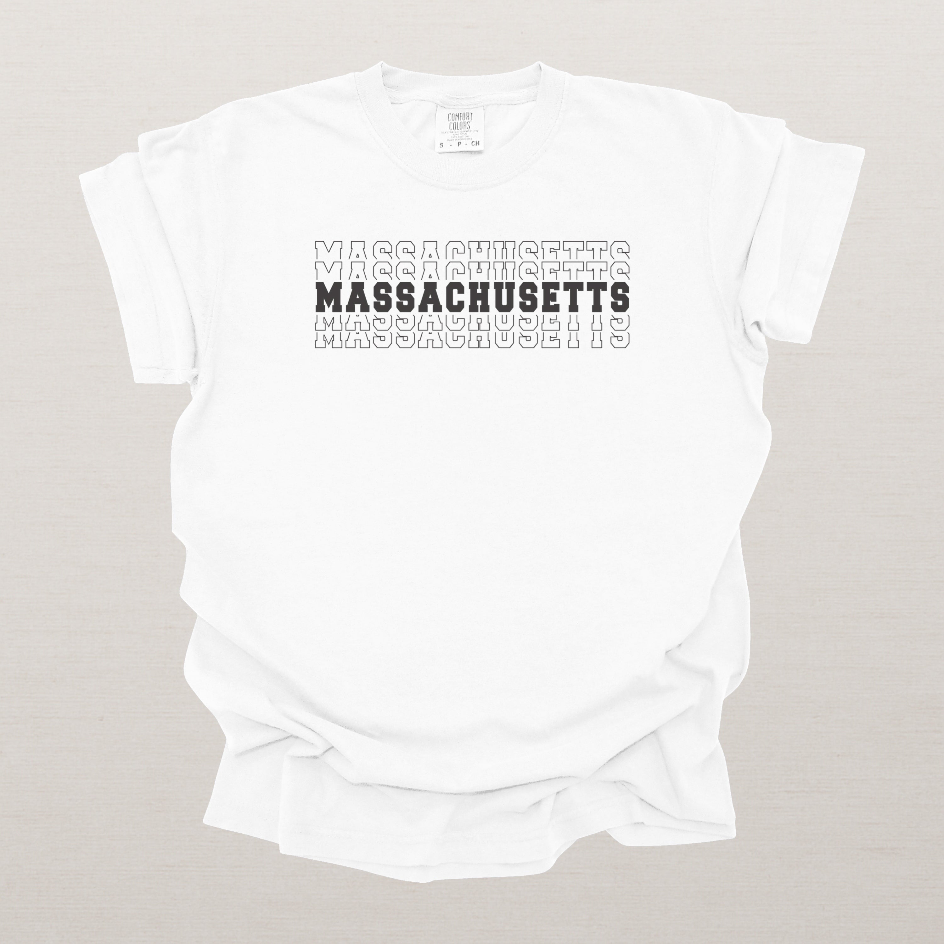Massachusetts Varsity Echo State Shirt | Comfort Colors Black Text\
