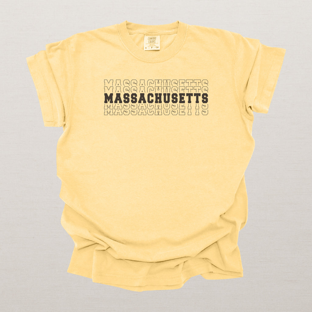 Massachusetts Varsity Echo State Shirt | Comfort Colors Black Text\