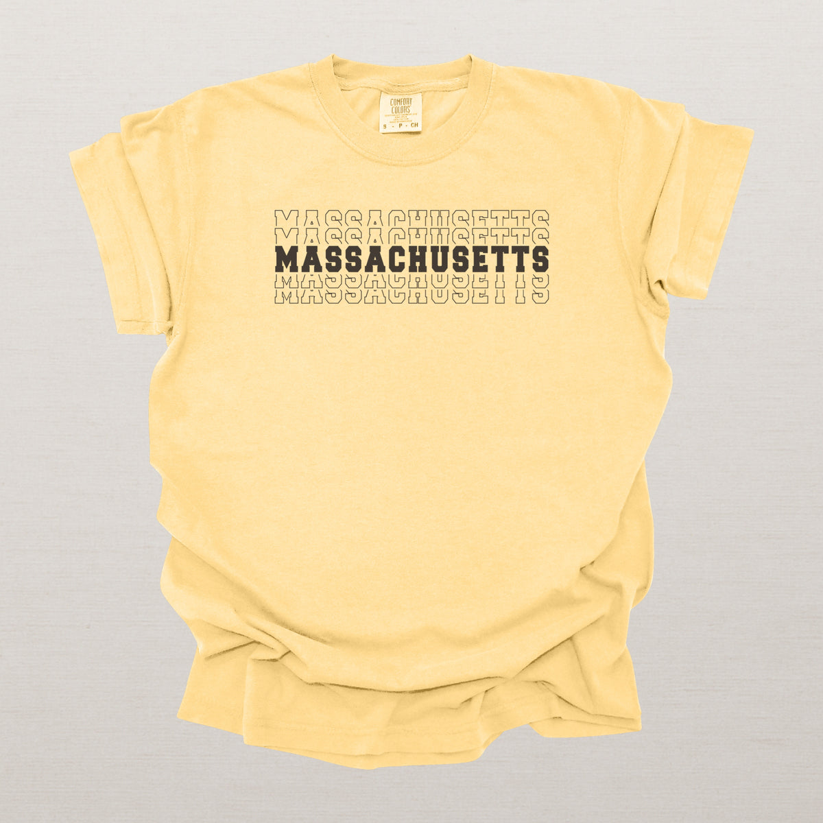 Massachusetts Varsity Echo State Shirt | Comfort Colors Black Text\