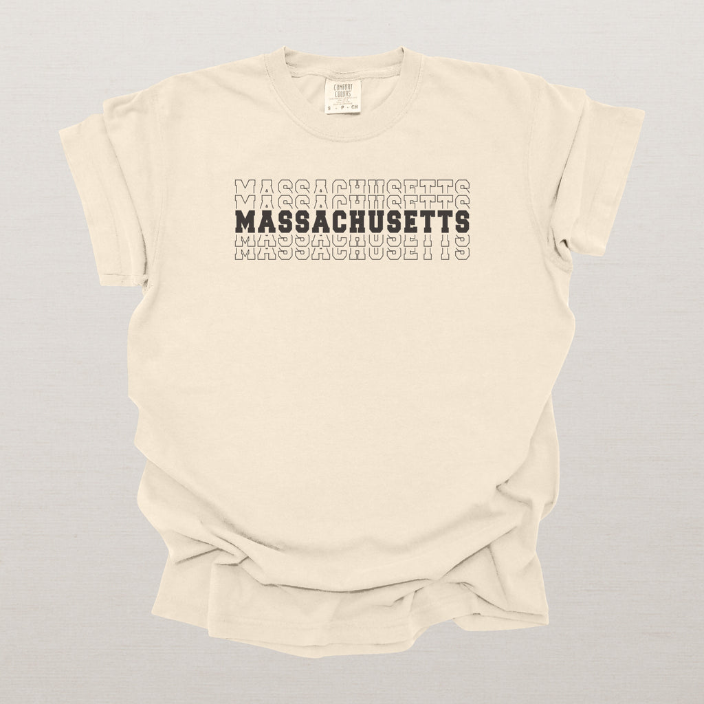 Massachusetts Varsity Echo State Shirt | Comfort Colors Black Text\
