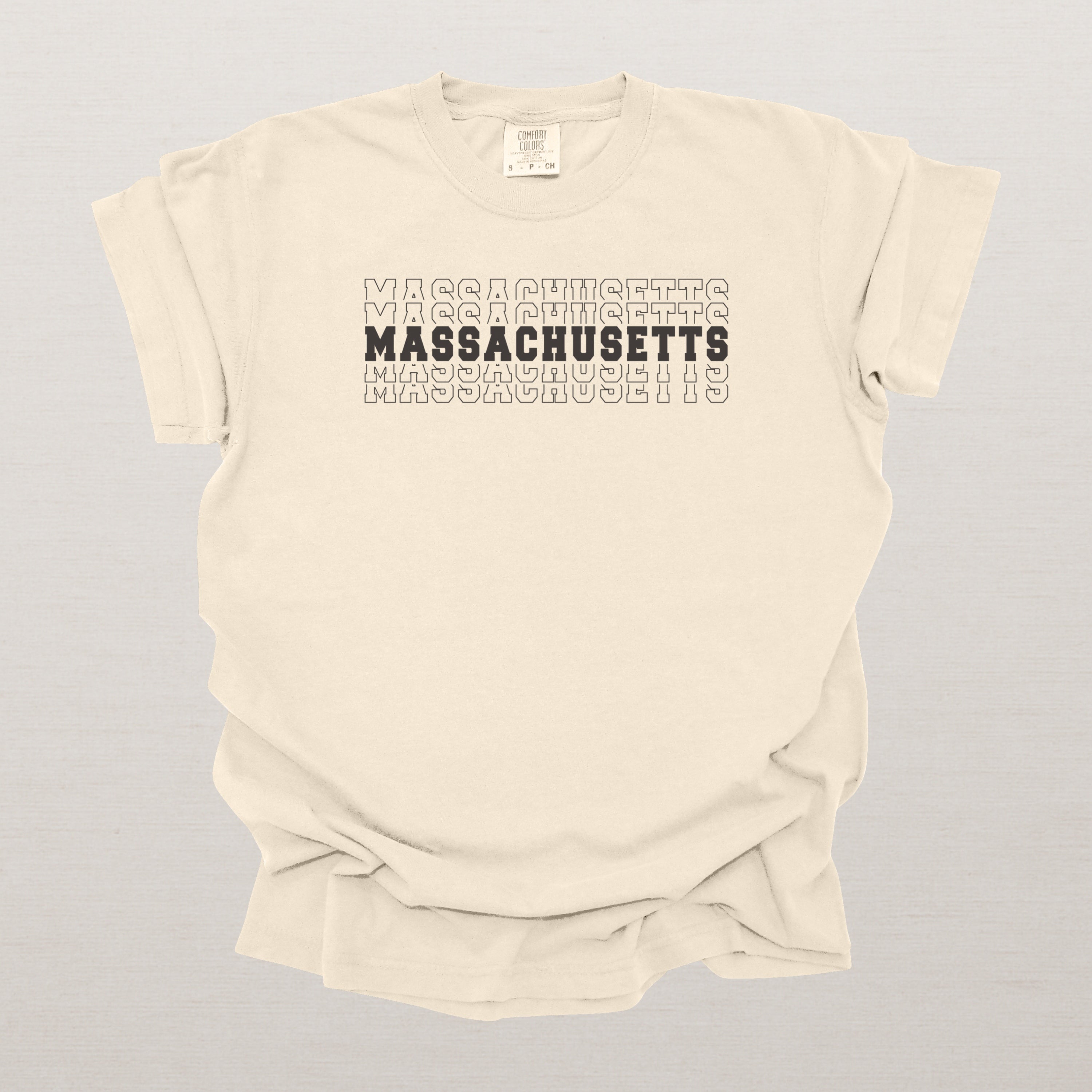 Massachusetts Varsity Echo State Shirt | Comfort Colors Black Text\