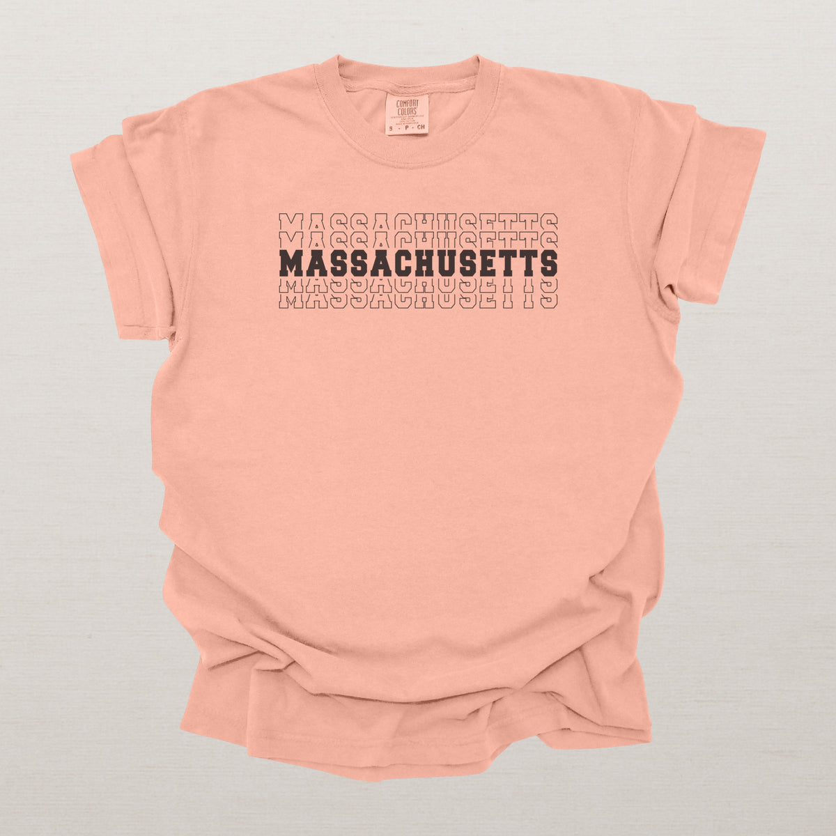 Massachusetts Varsity Echo State Shirt | Comfort Colors Black Text\