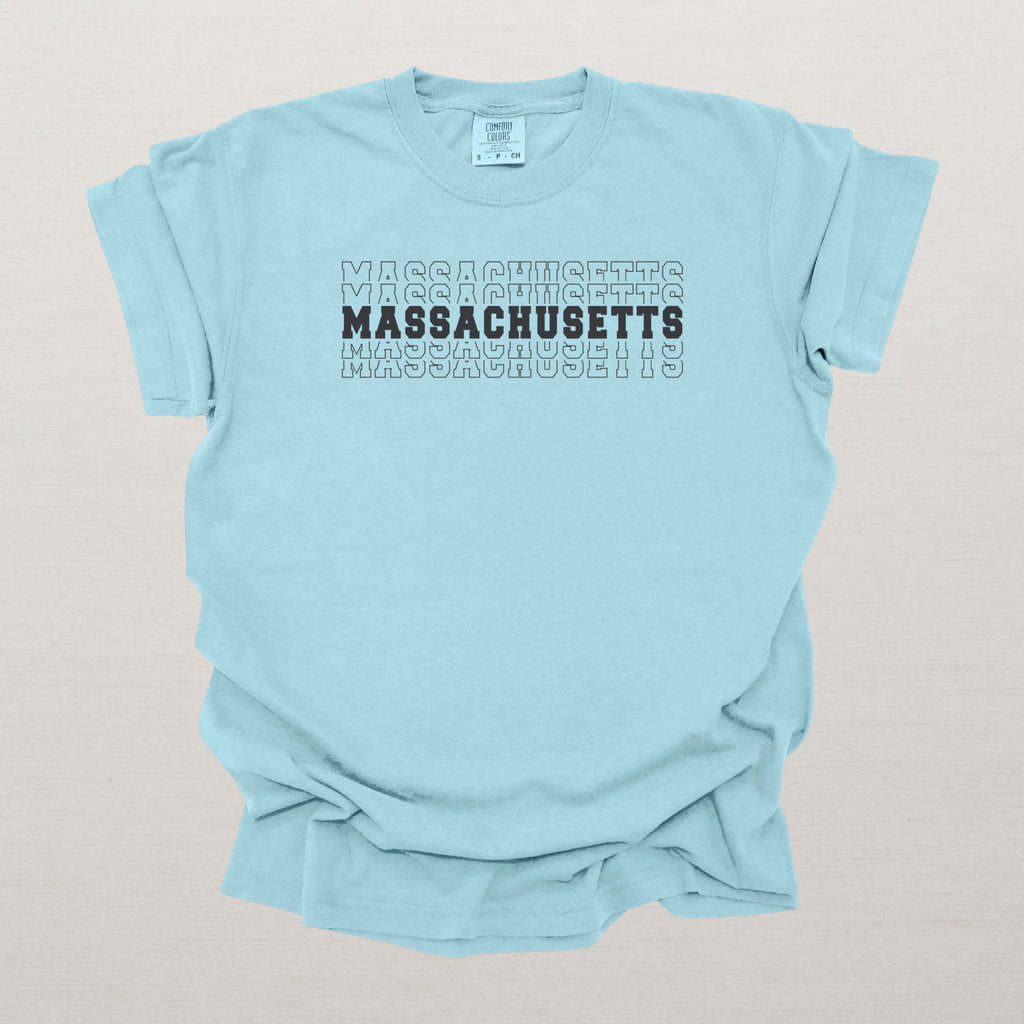 Massachusetts Varsity Echo State Shirt | Comfort Colors Black Text\