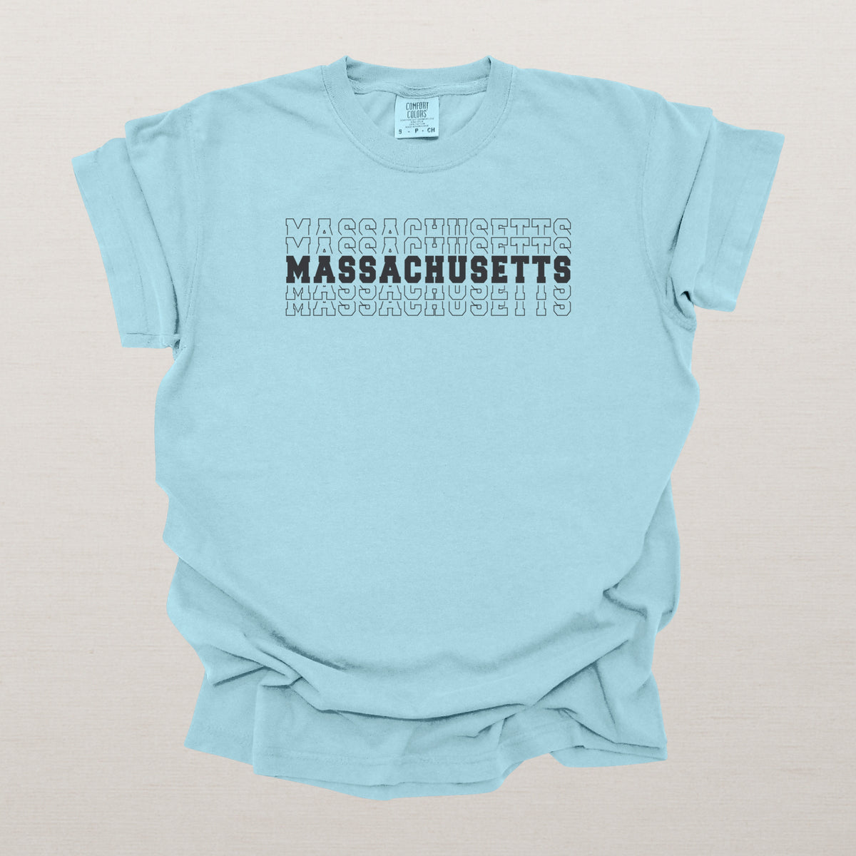 Massachusetts Varsity Echo State Shirt | Comfort Colors Black Text\
