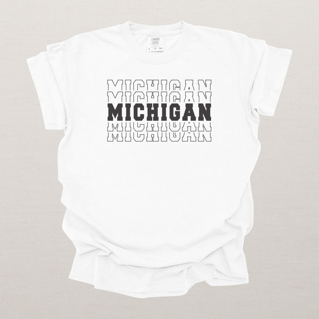 Michigan Varsity Echo State Shirt | Comfort Colors Black Text