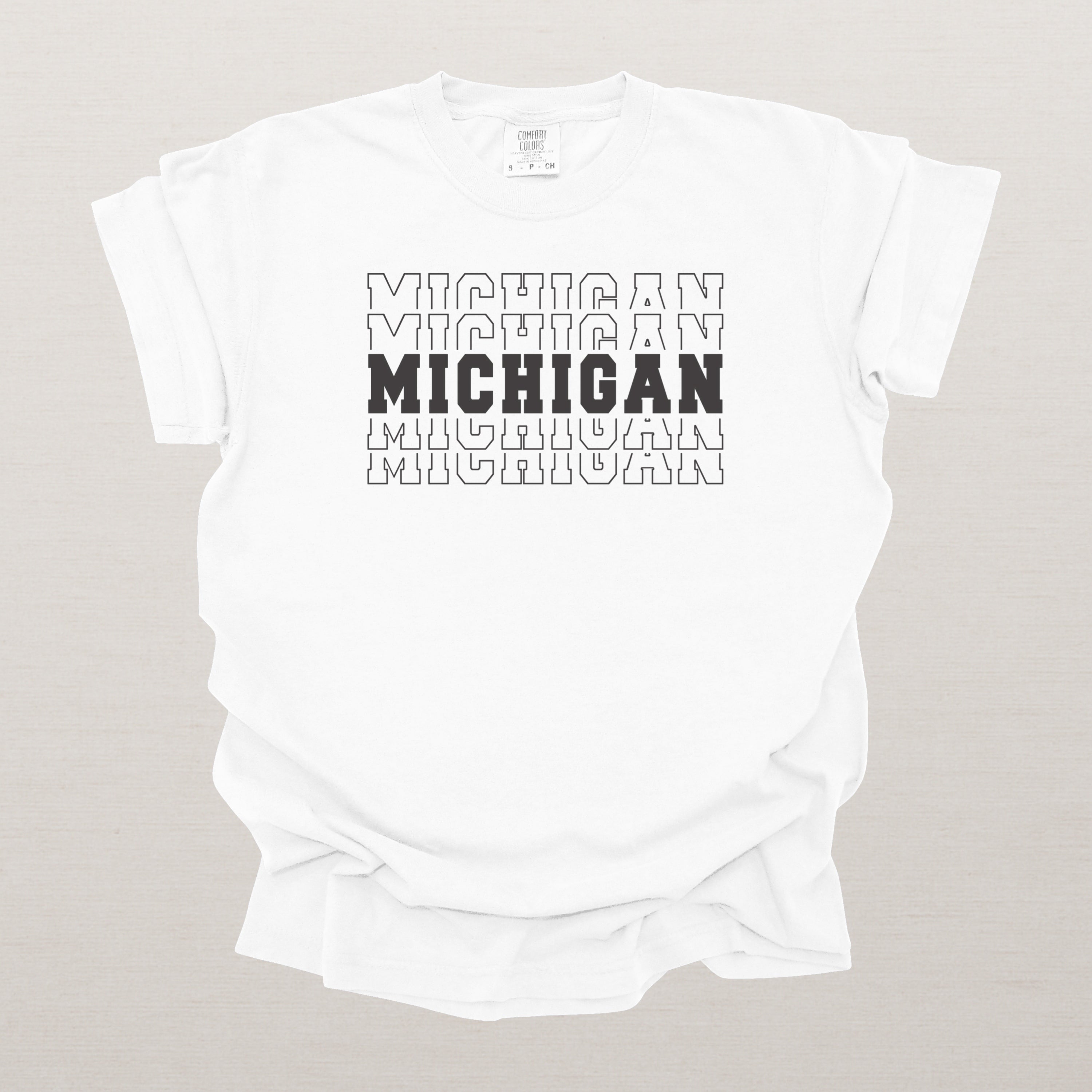 Michigan Varsity Echo State Shirt | Comfort Colors Black Text