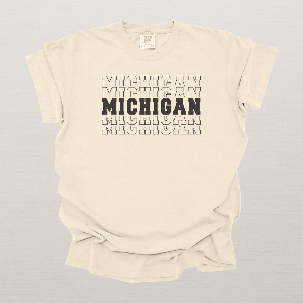 Michigan Varsity Echo State Shirt | Comfort Colors Black Text