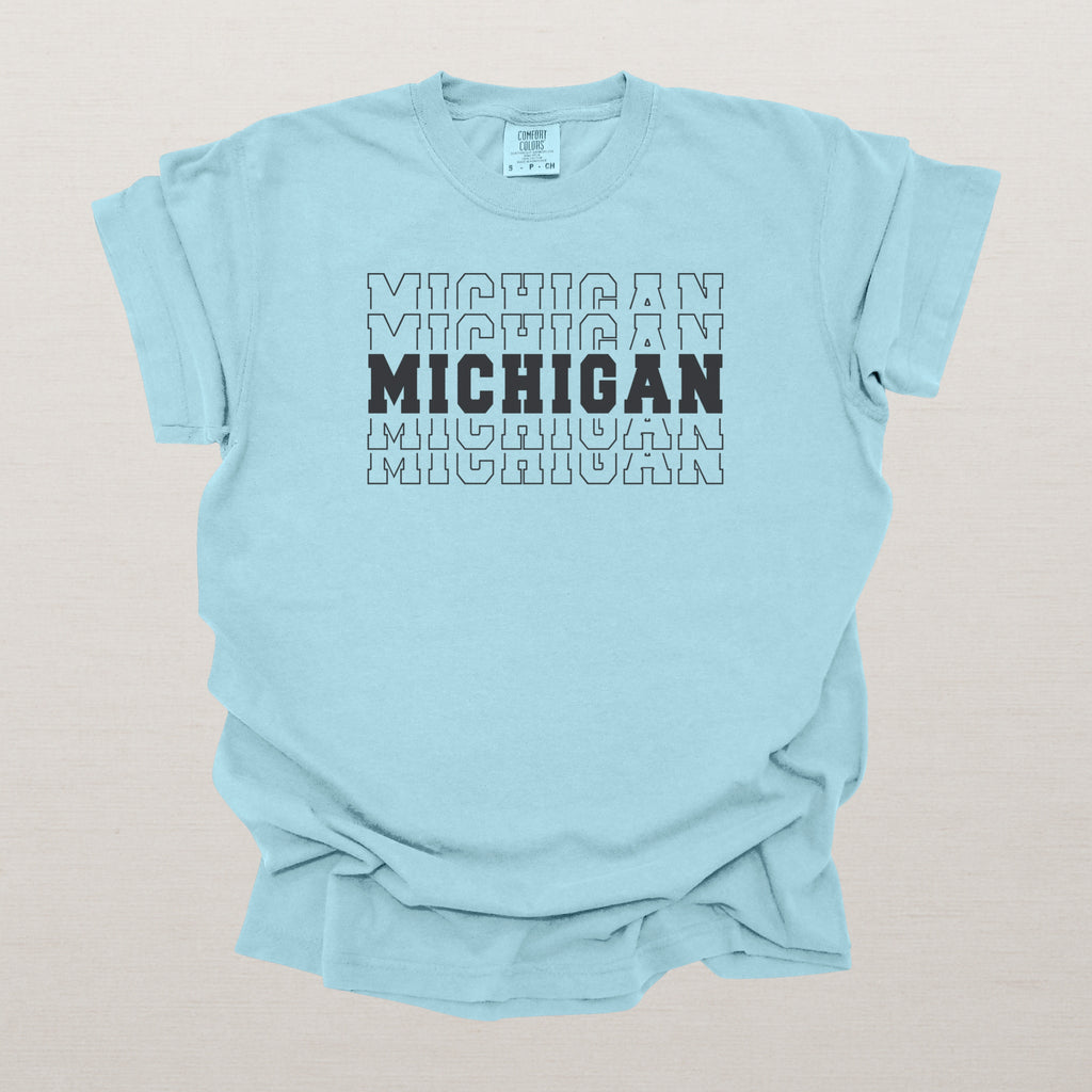 Michigan Varsity Echo State Shirt | Comfort Colors Black Text