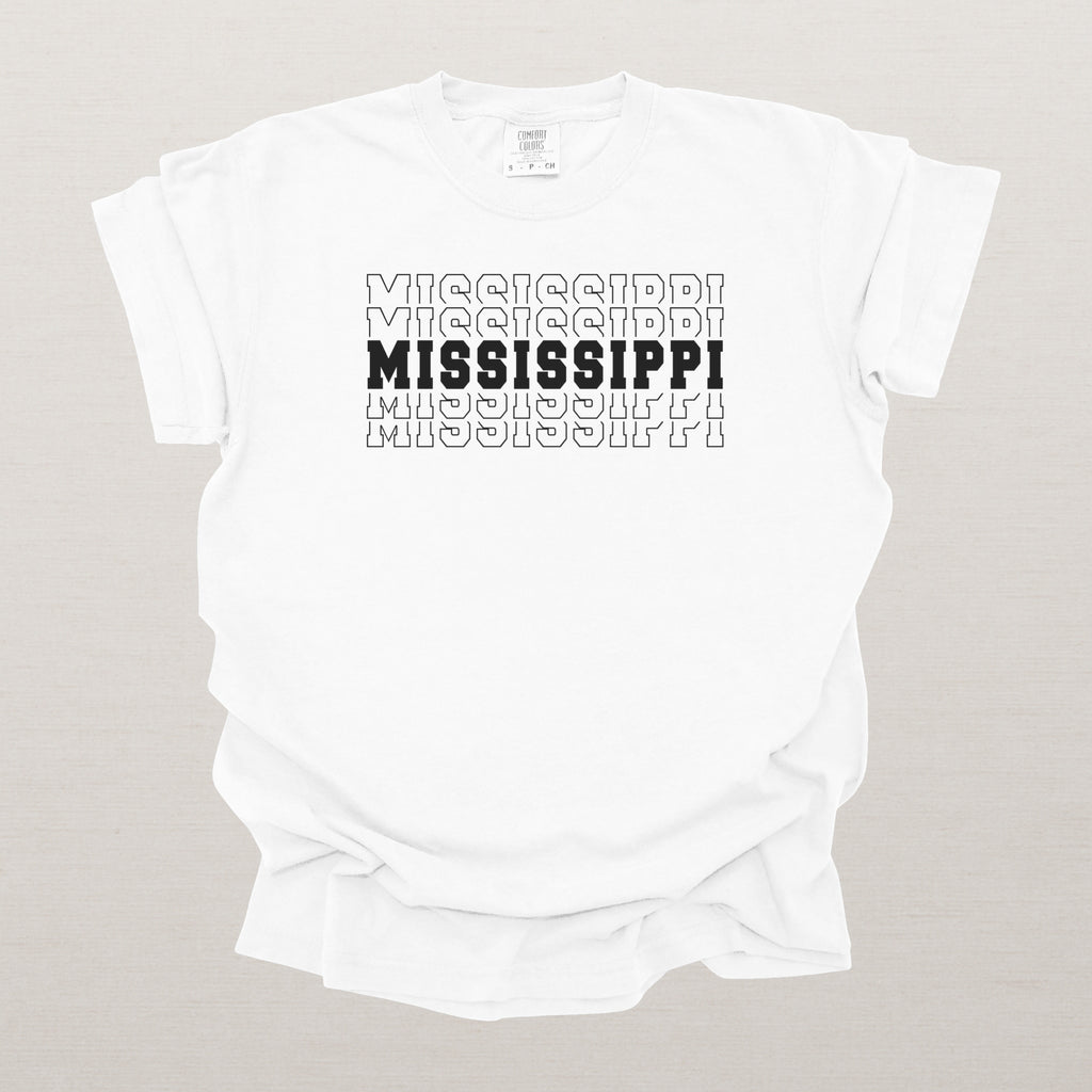 Mississippi Varsity Echo State Shirt | Comfort Colors Black Text