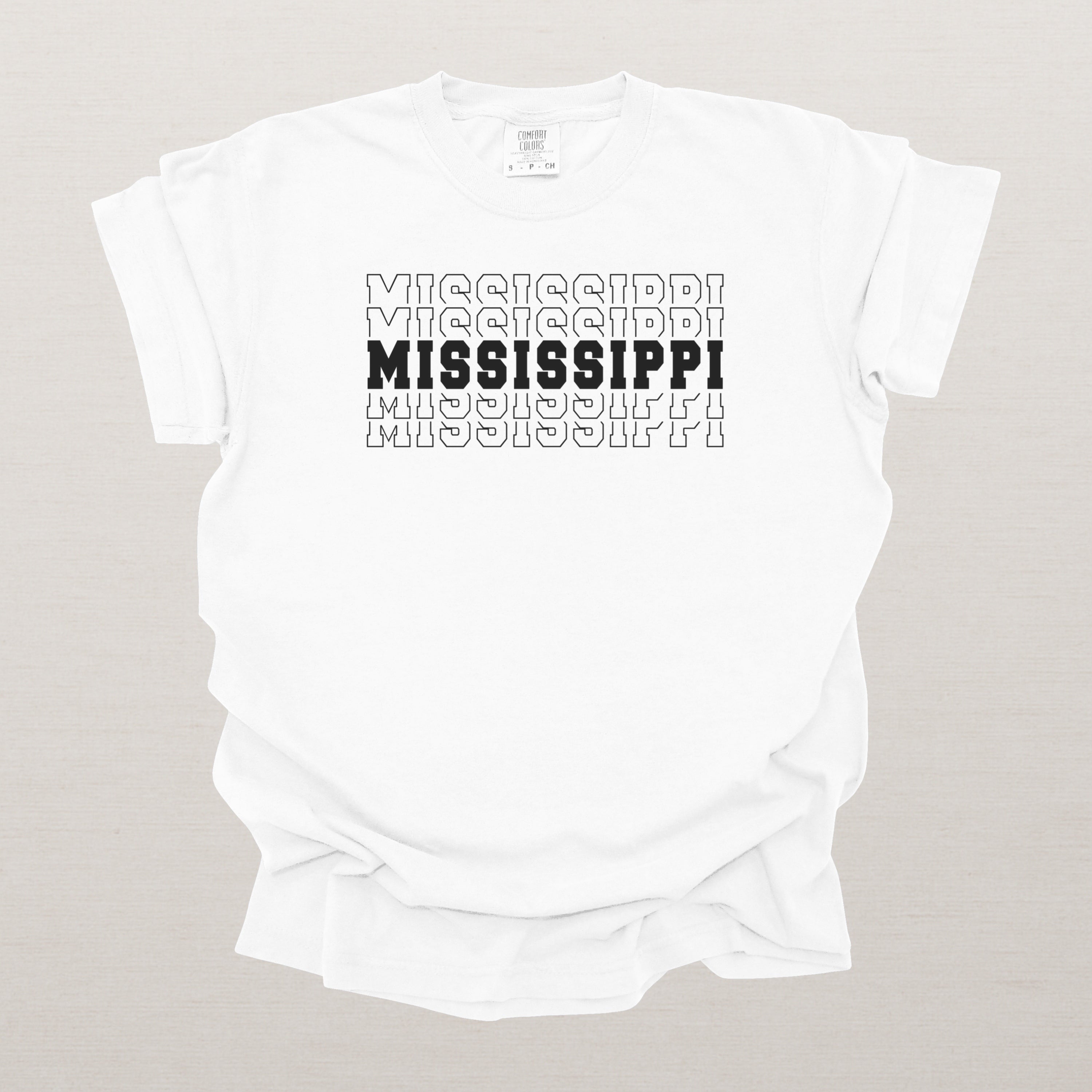 Mississippi Varsity Echo State Shirt | Comfort Colors Black Text