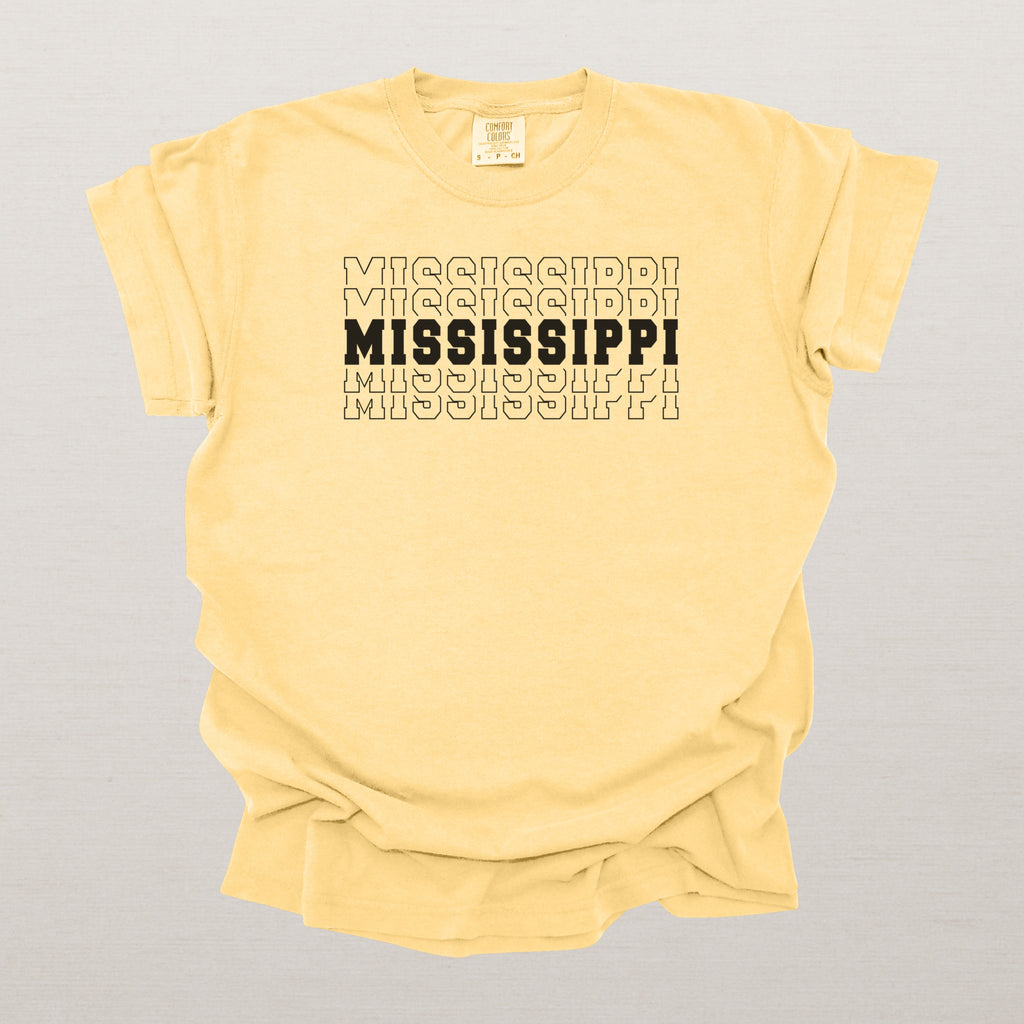 Mississippi Varsity Echo State Shirt | Comfort Colors Black Text