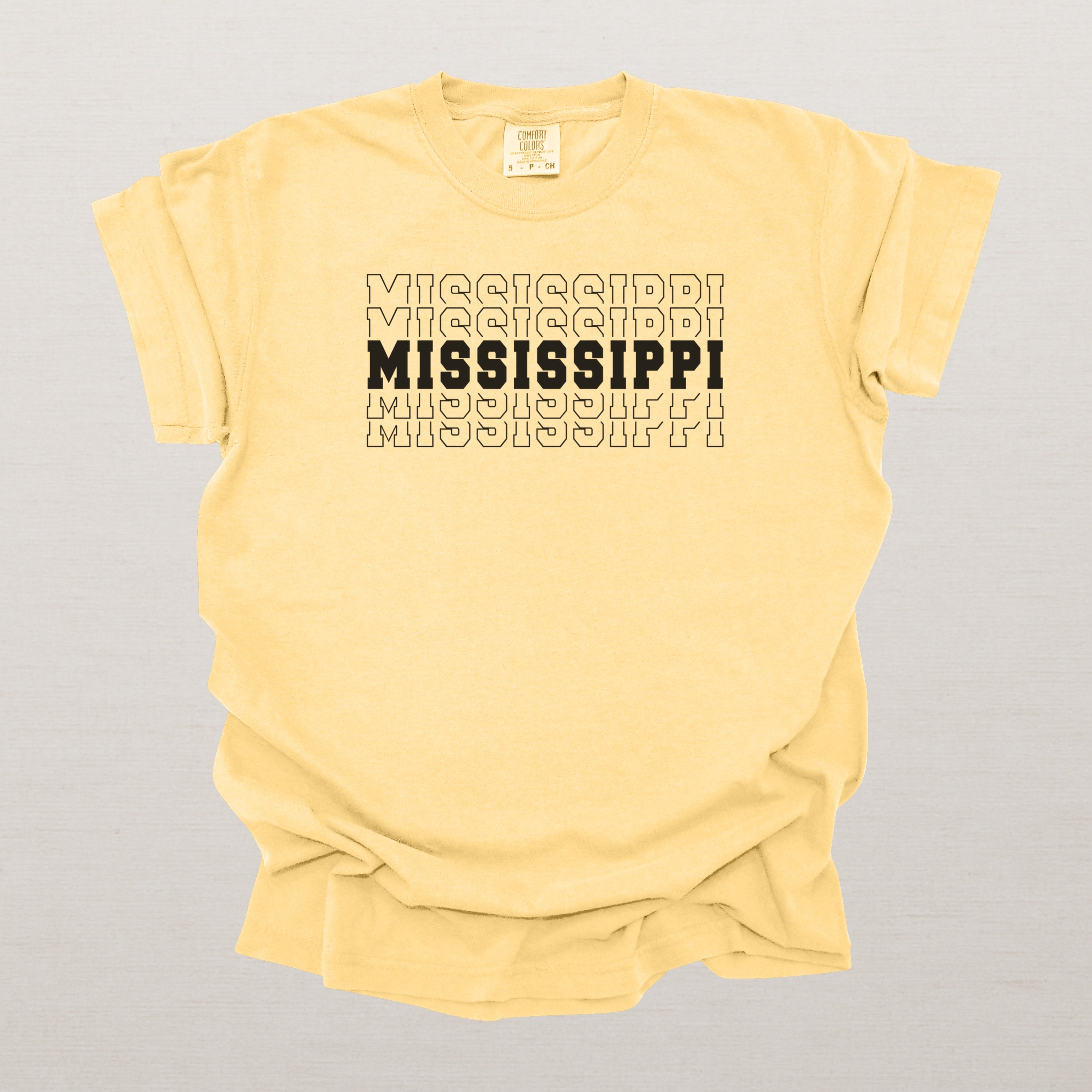 Mississippi Varsity Echo State Shirt | Comfort Colors Black Text