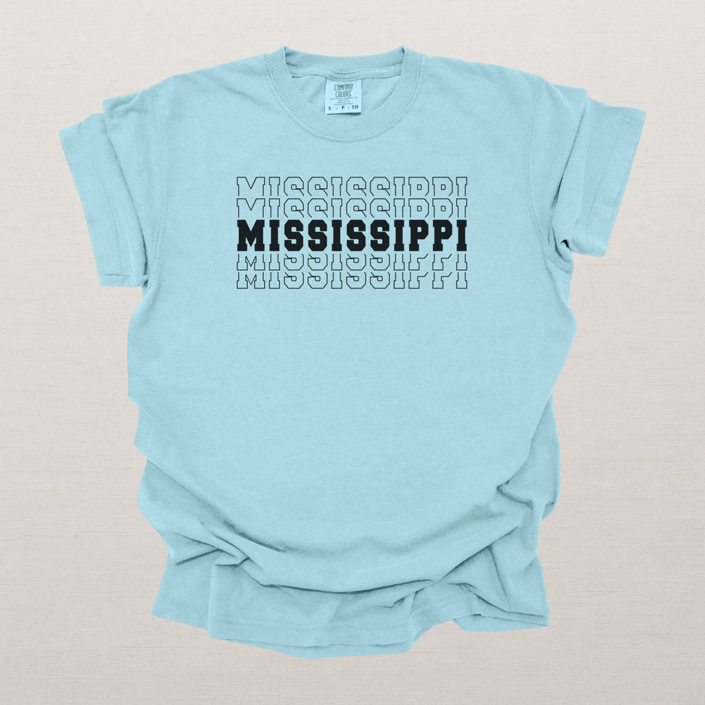 Mississippi Varsity Echo State Shirt | Comfort Colors Black Text