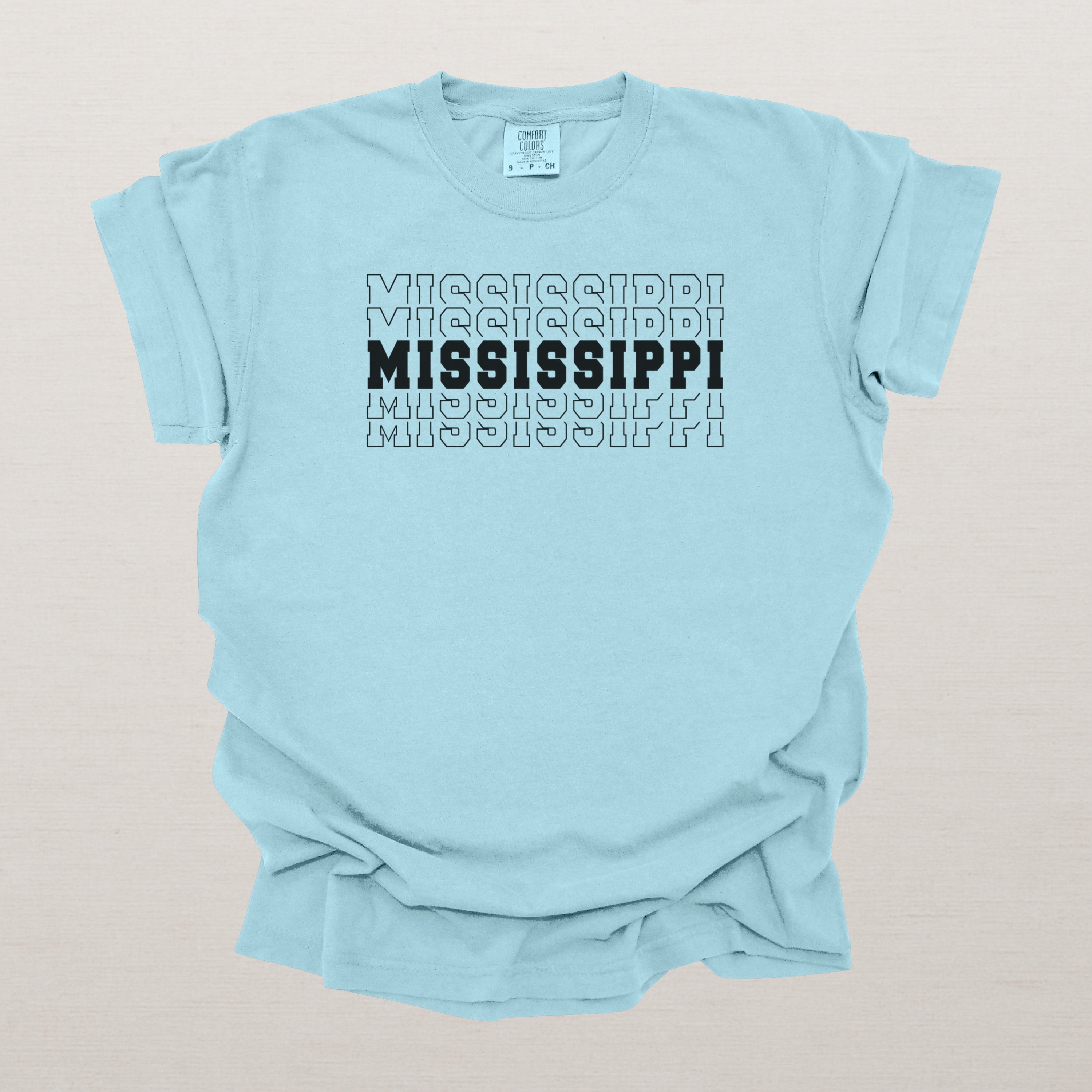 Mississippi Varsity Echo State Shirt | Comfort Colors Black Text