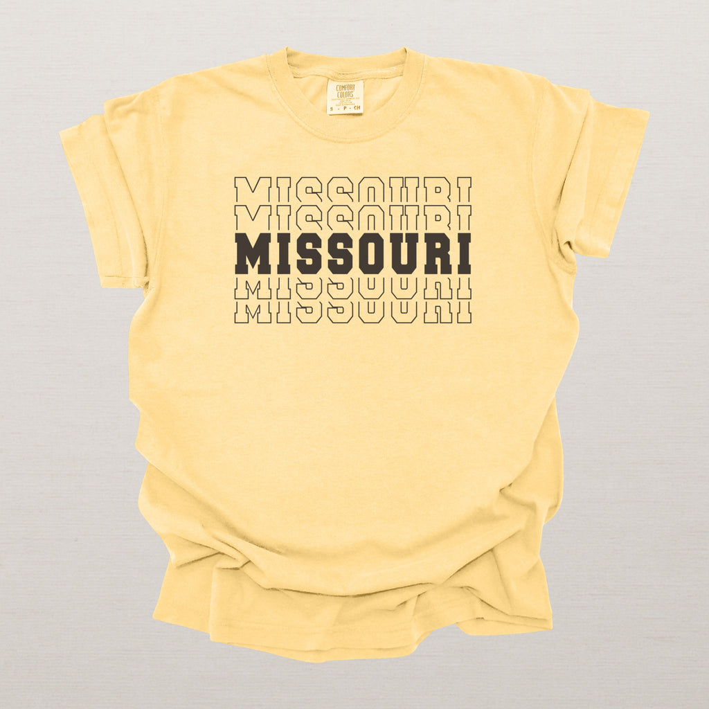 Missouri Varsity Echo State Shirt | Comfort Colors Black Text