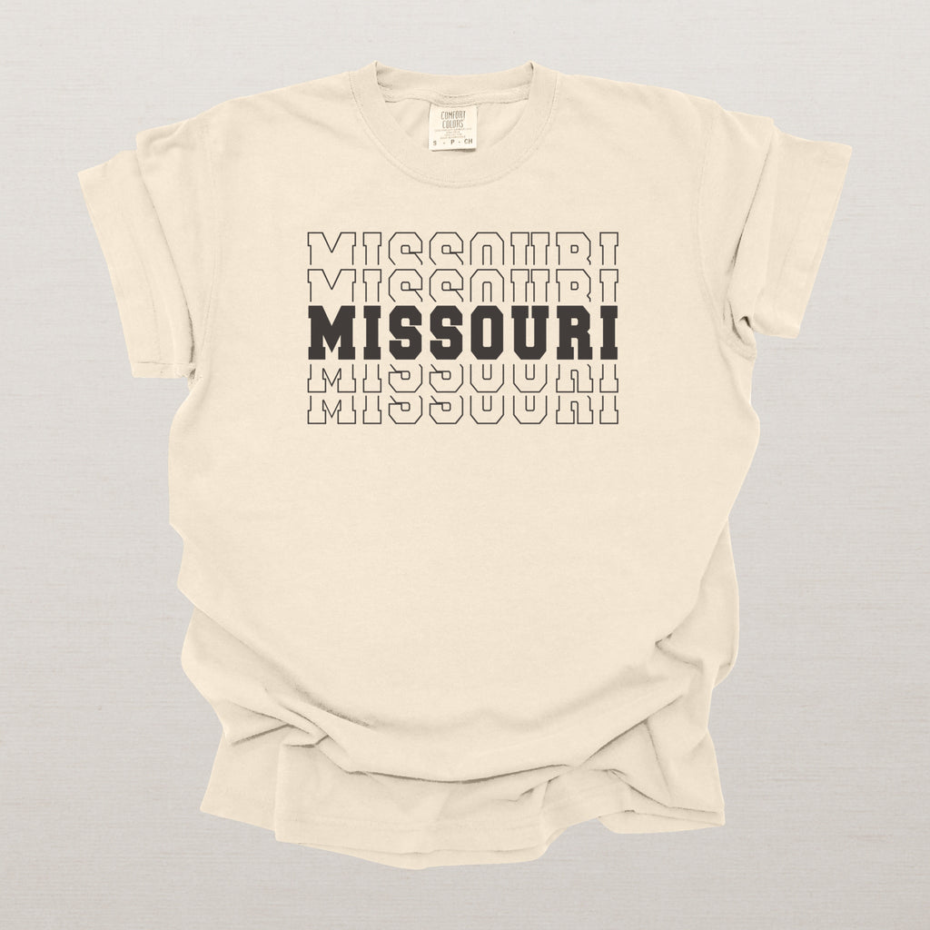 Missouri Varsity Echo State Shirt | Comfort Colors Black Text