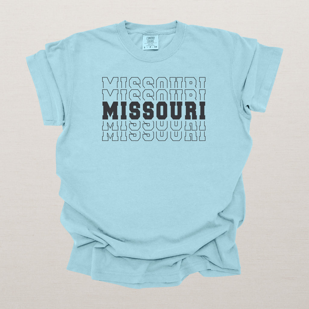 Missouri Varsity Echo State Shirt | Comfort Colors Black Text