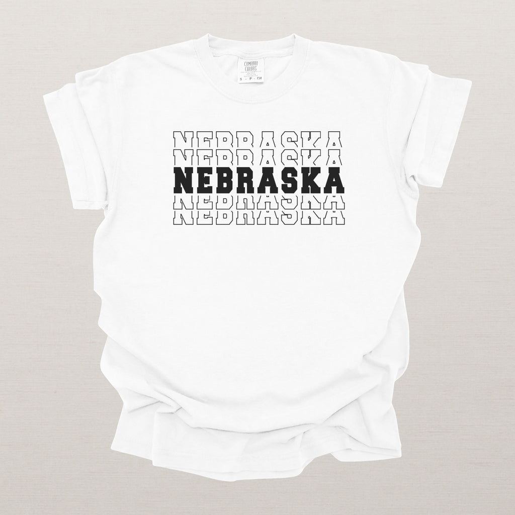 Nebraska Varsity Echo State Shirt | Comfort Colors Black Text