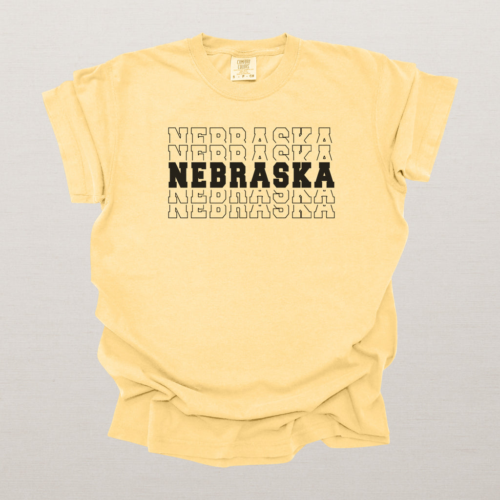 Nebraska Varsity Echo State Shirt | Comfort Colors Black Text