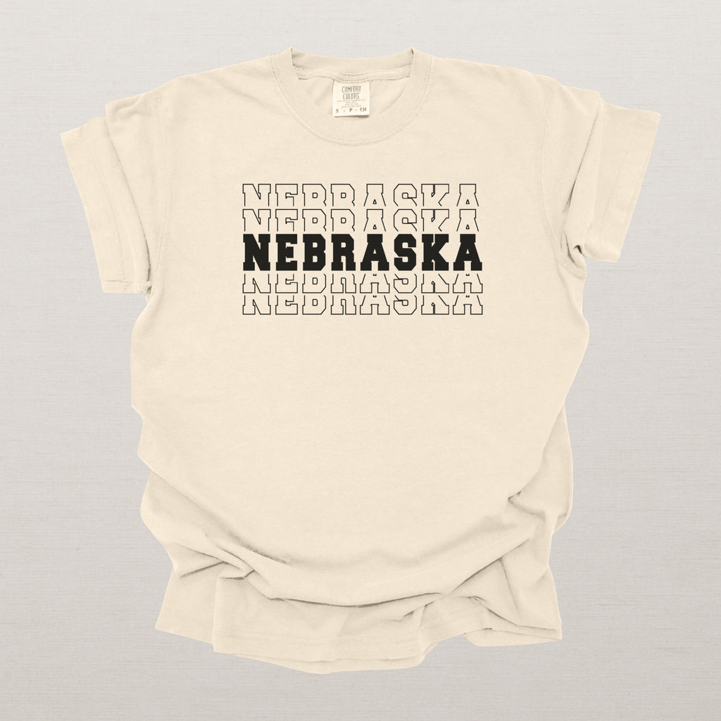 Nebraska Varsity Echo State Shirt | Comfort Colors Black Text