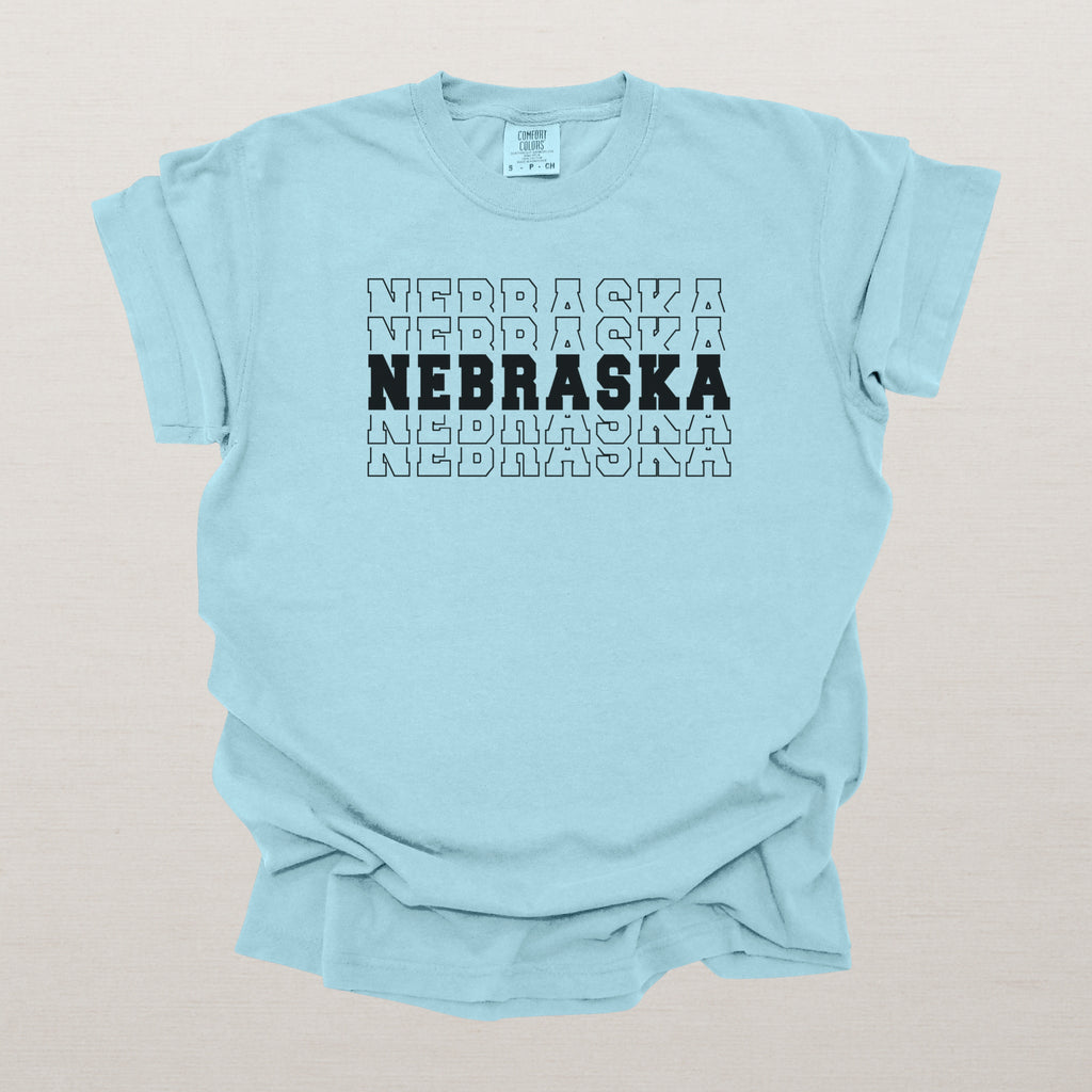Nebraska Varsity Echo State Shirt | Comfort Colors Black Text