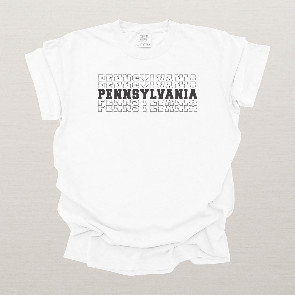 Pennsylvania Varsity Echo State Shirt, Black Text Retro Tee, Pennsylvania AL Collegiate Shirt