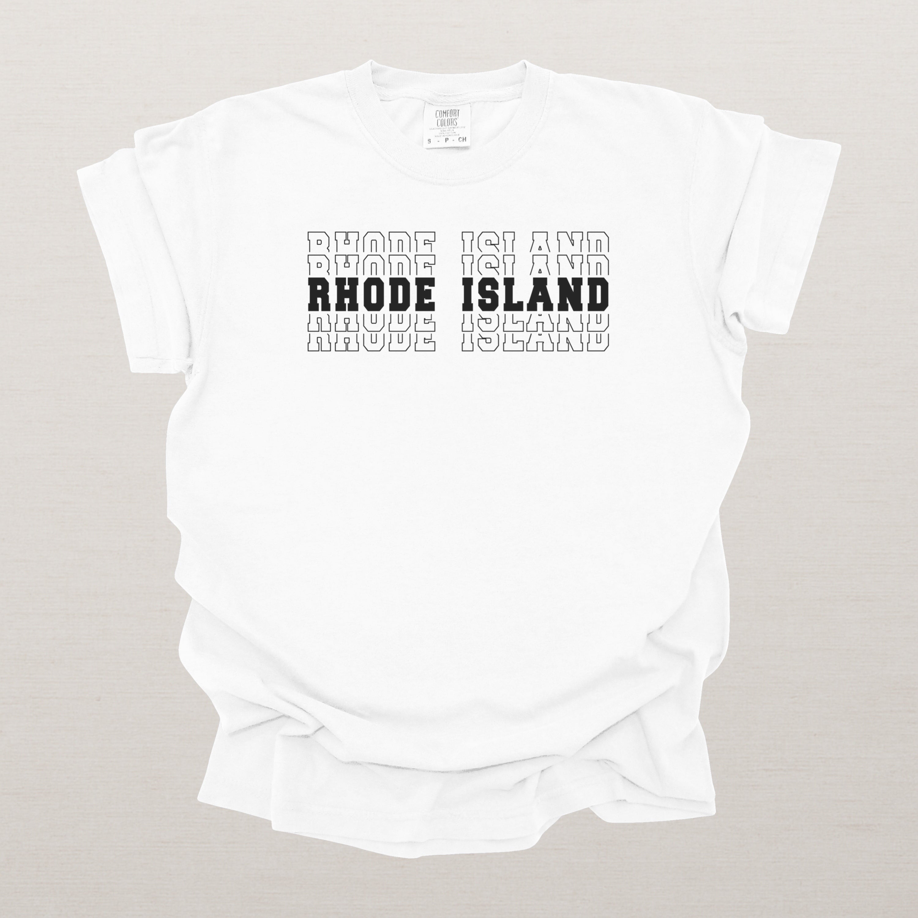 Rhode Island Varsity Echo State Shirt | Comfort Colors Black Text
