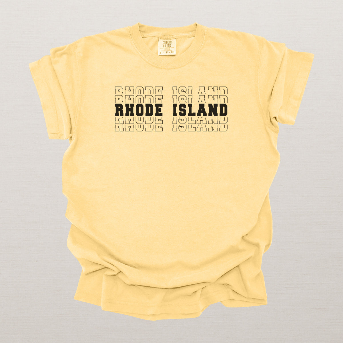 Rhode Island Varsity Echo State Shirt | Comfort Colors Black Text