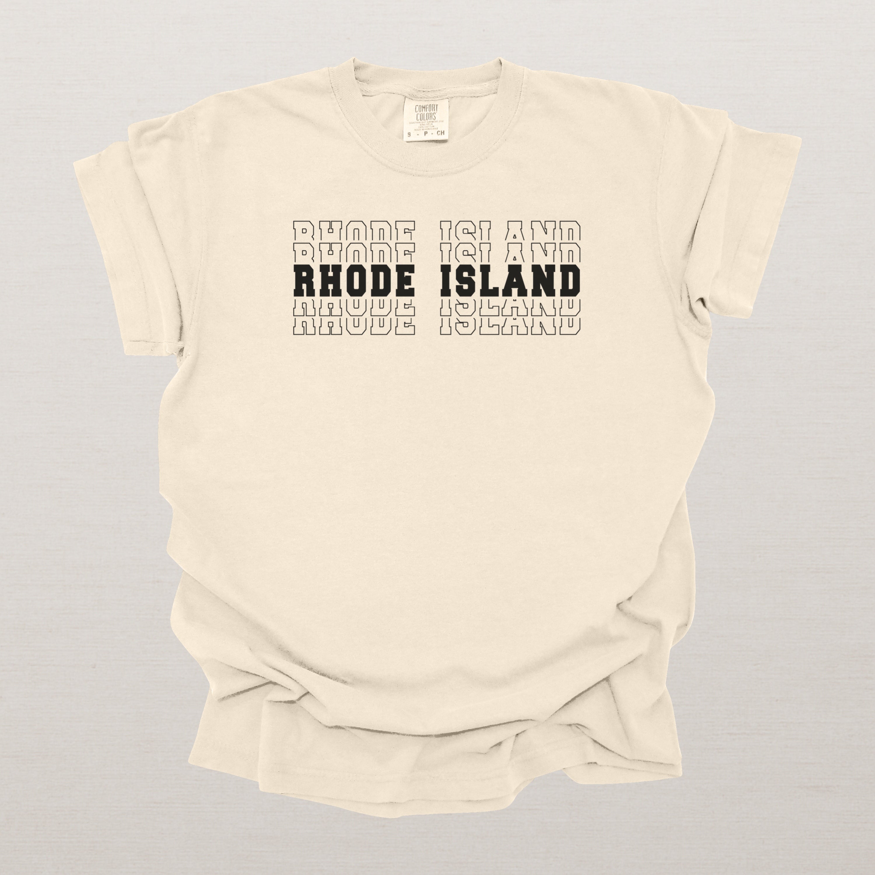 Rhode Island Varsity Echo State Shirt | Comfort Colors Black Text