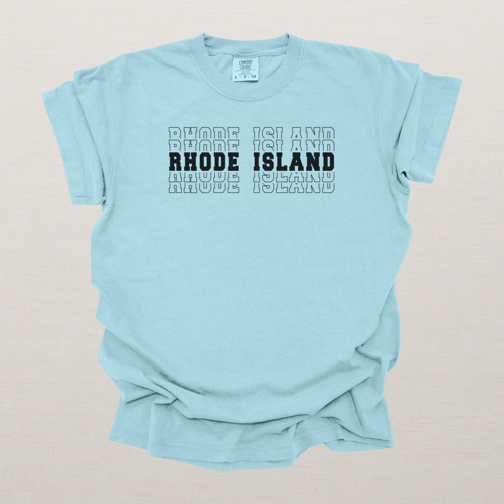 Rhode Island Varsity Echo State Shirt | Comfort Colors Black Text