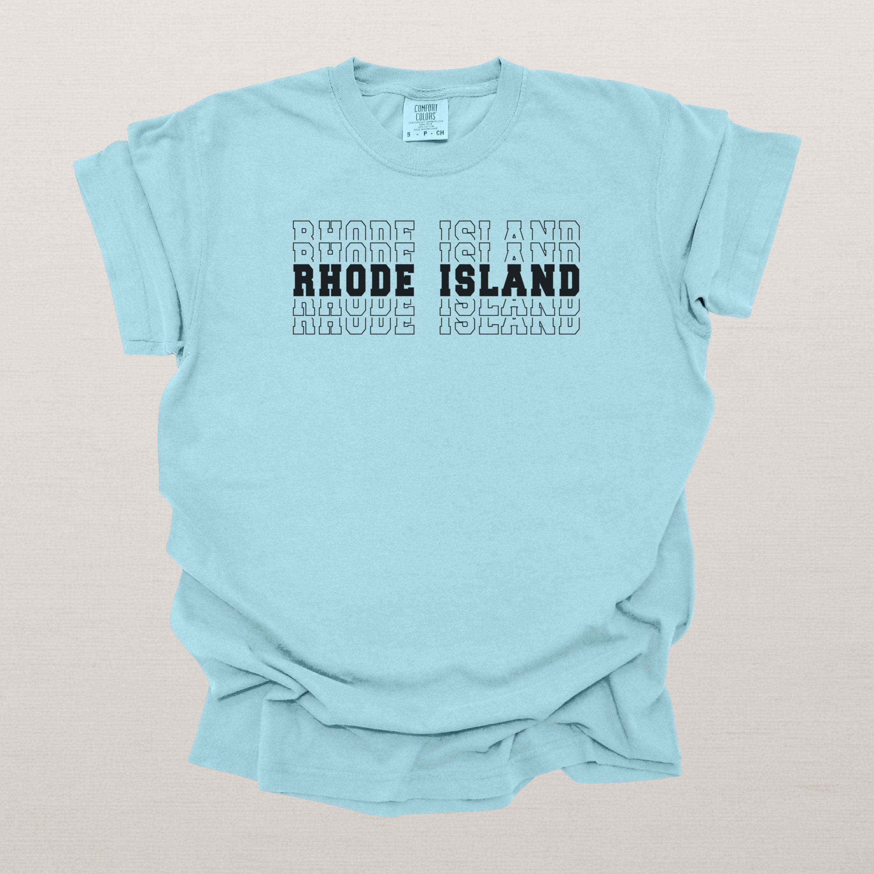 Rhode Island Varsity Echo State Shirt | Comfort Colors Black Text