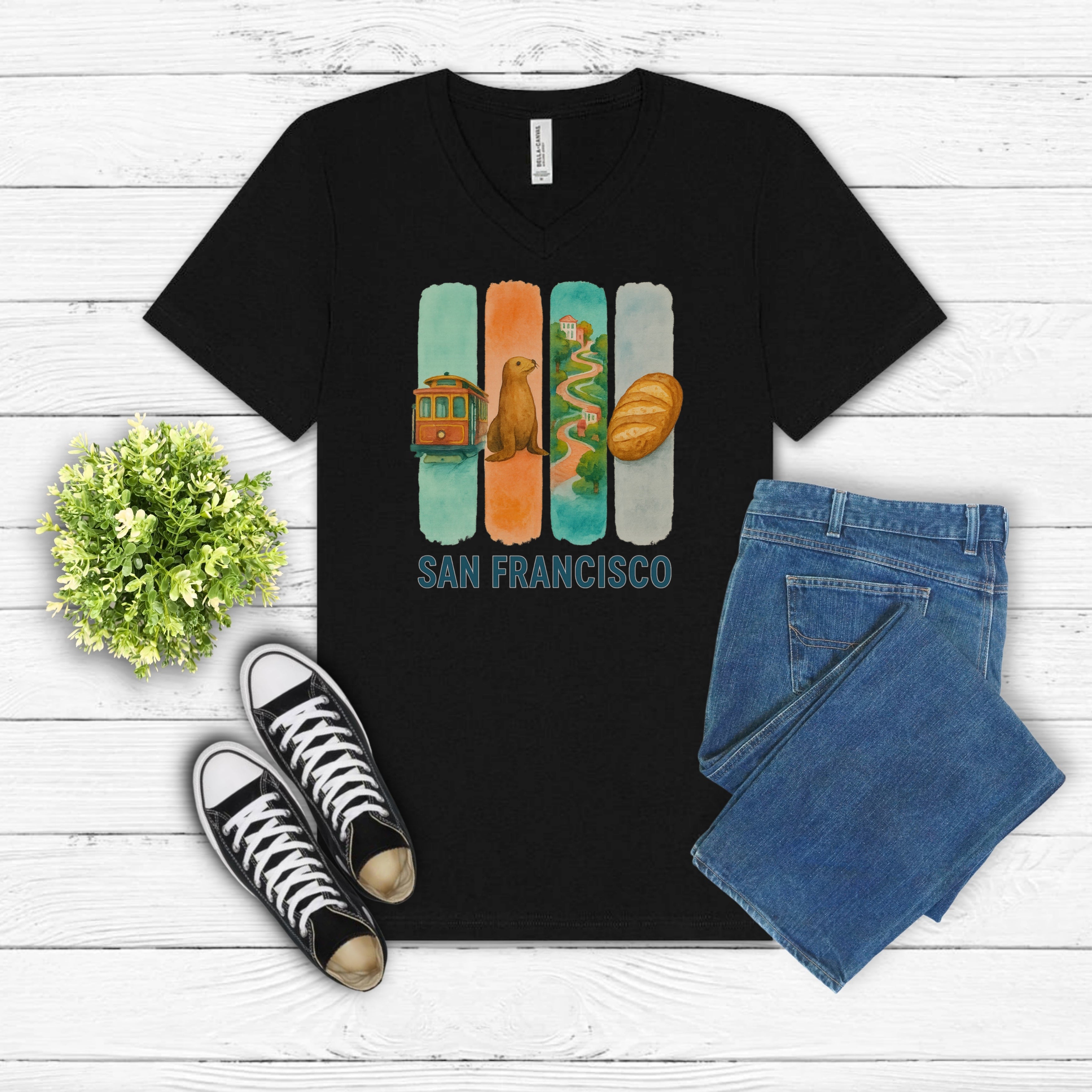 San Francisco Brushstroke Watercolor V-Neck Shirt