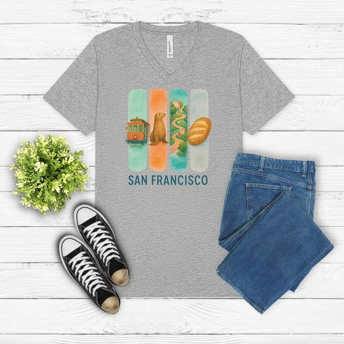 San Francisco Brushstroke Watercolor V-Neck Shirt