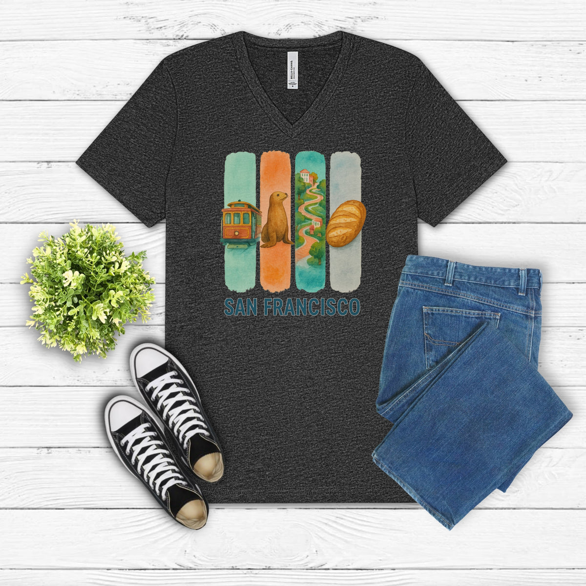 San Francisco Brushstroke Watercolor V-Neck Shirt