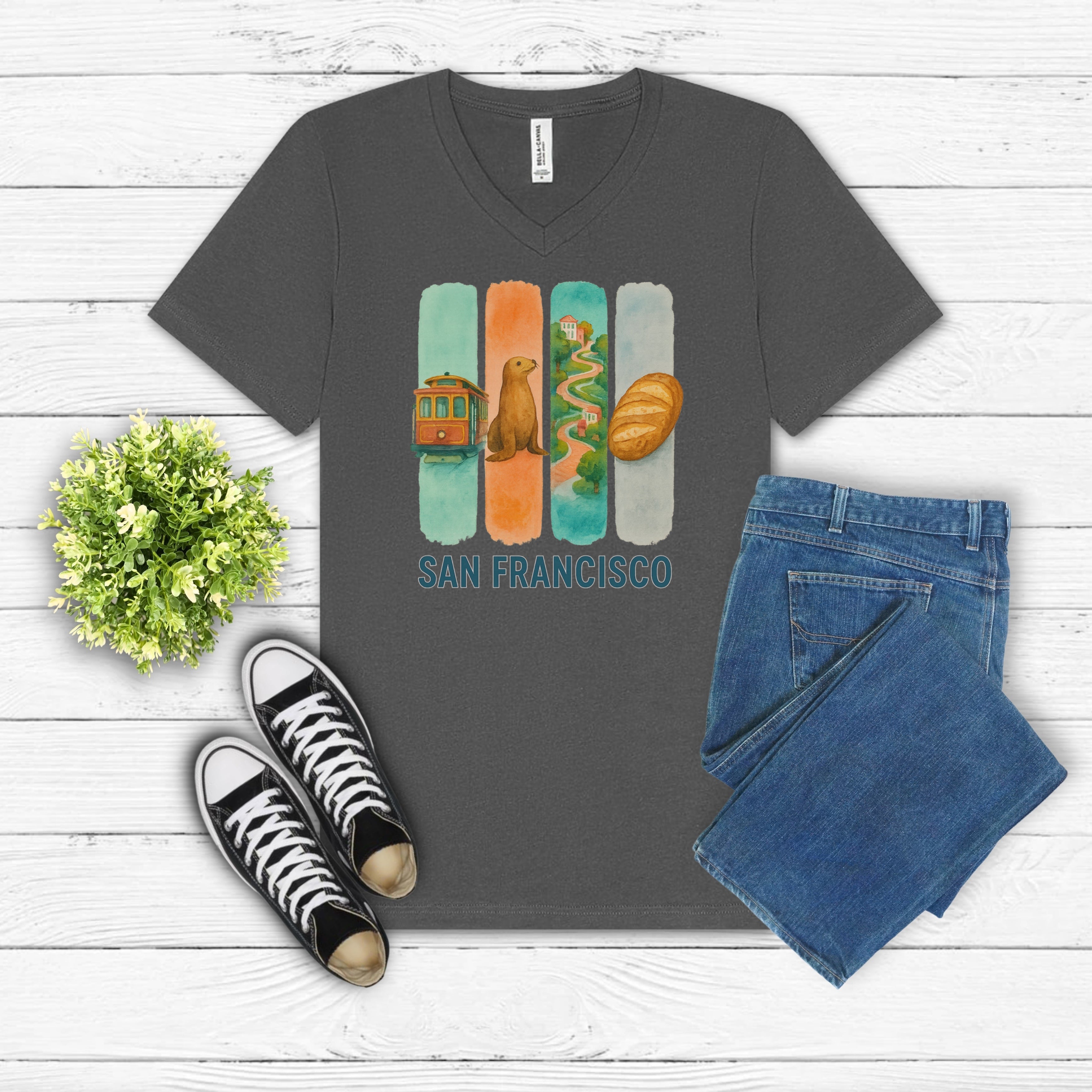 San Francisco Brushstroke Watercolor V-Neck Shirt