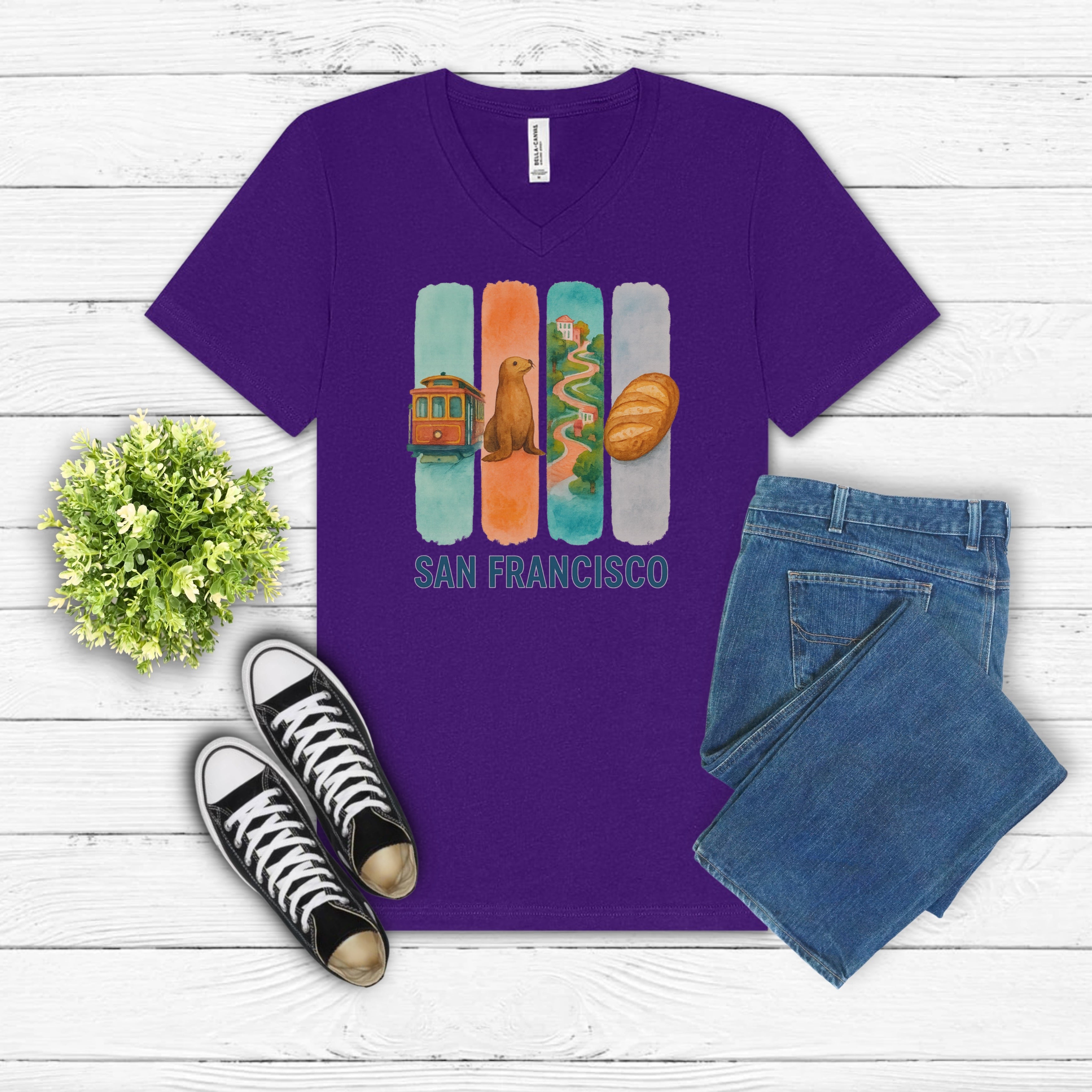 San Francisco Brushstroke Watercolor V-Neck Shirt