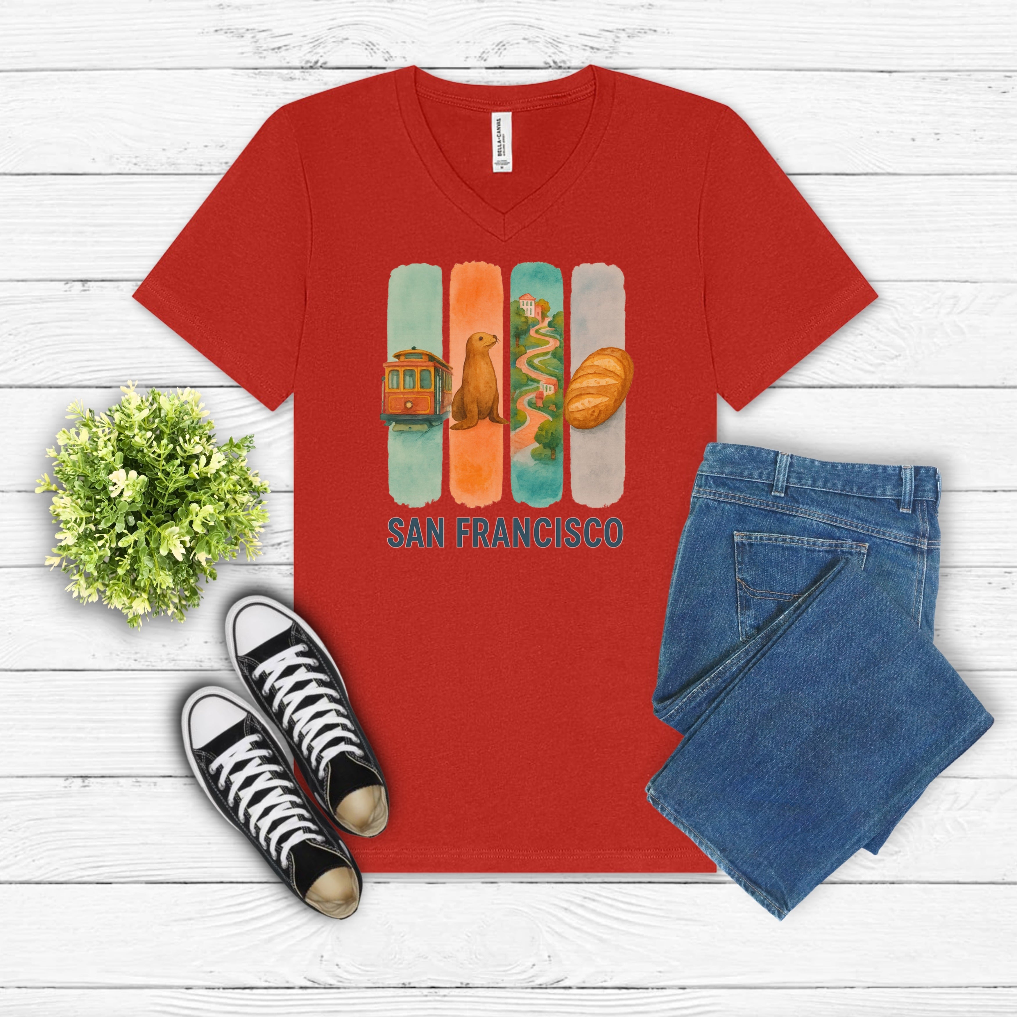 San Francisco Brushstroke Watercolor V-Neck Shirt