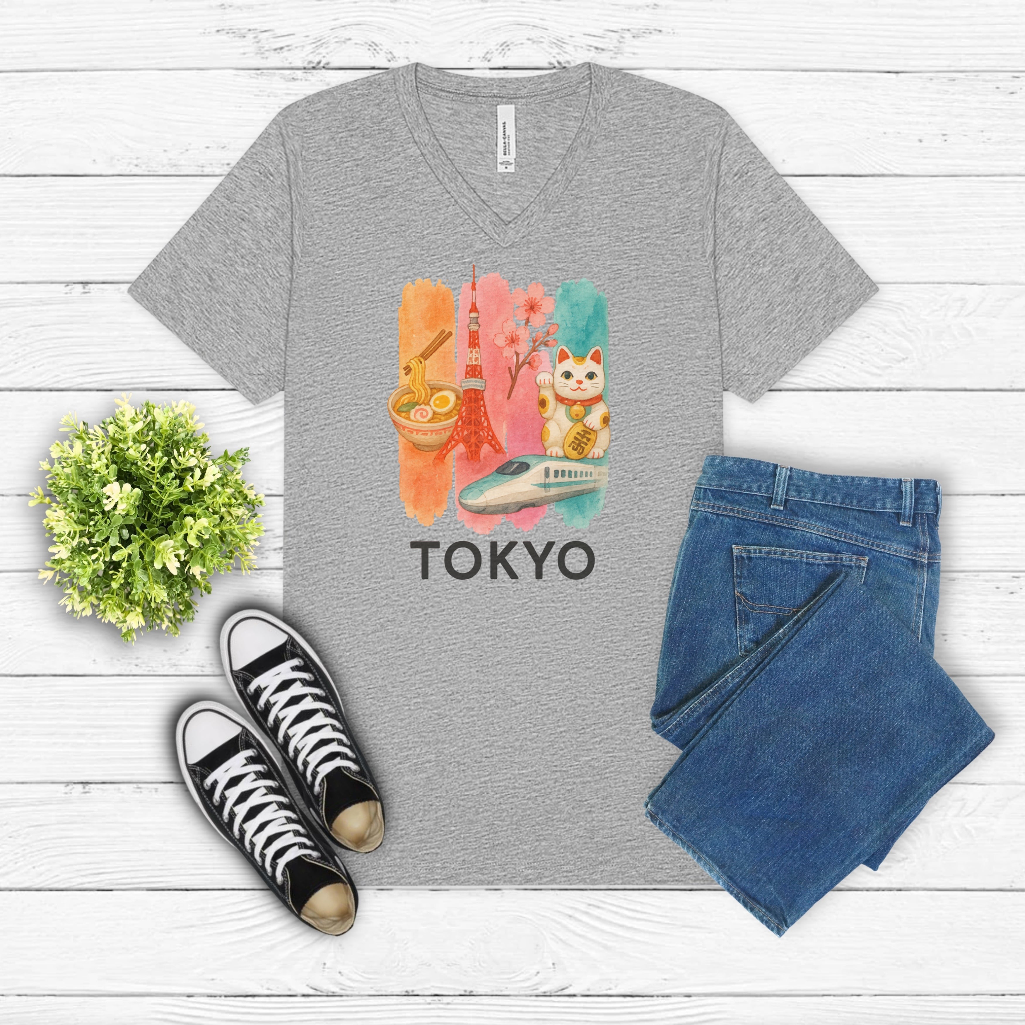 Tokyo Brushstroke Watercolor V-Neck Shirt