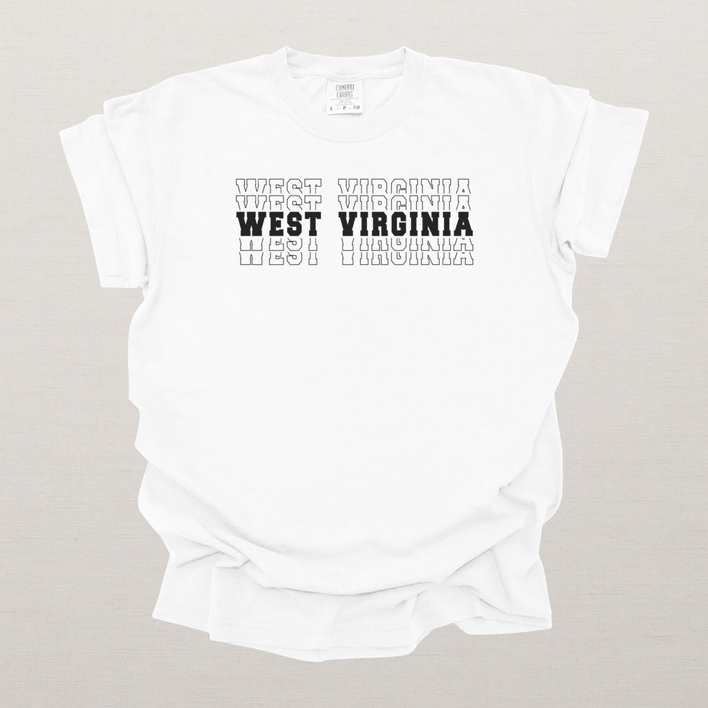 West Virginia Varsity Echo State Shirt | Comfort Colors Black Text