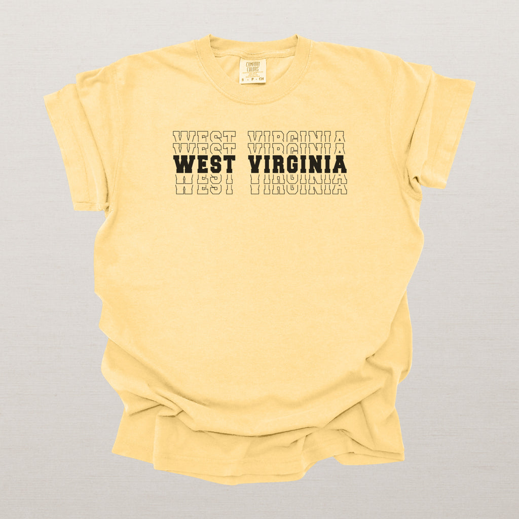 West Virginia Varsity Echo State Shirt | Comfort Colors Black Text