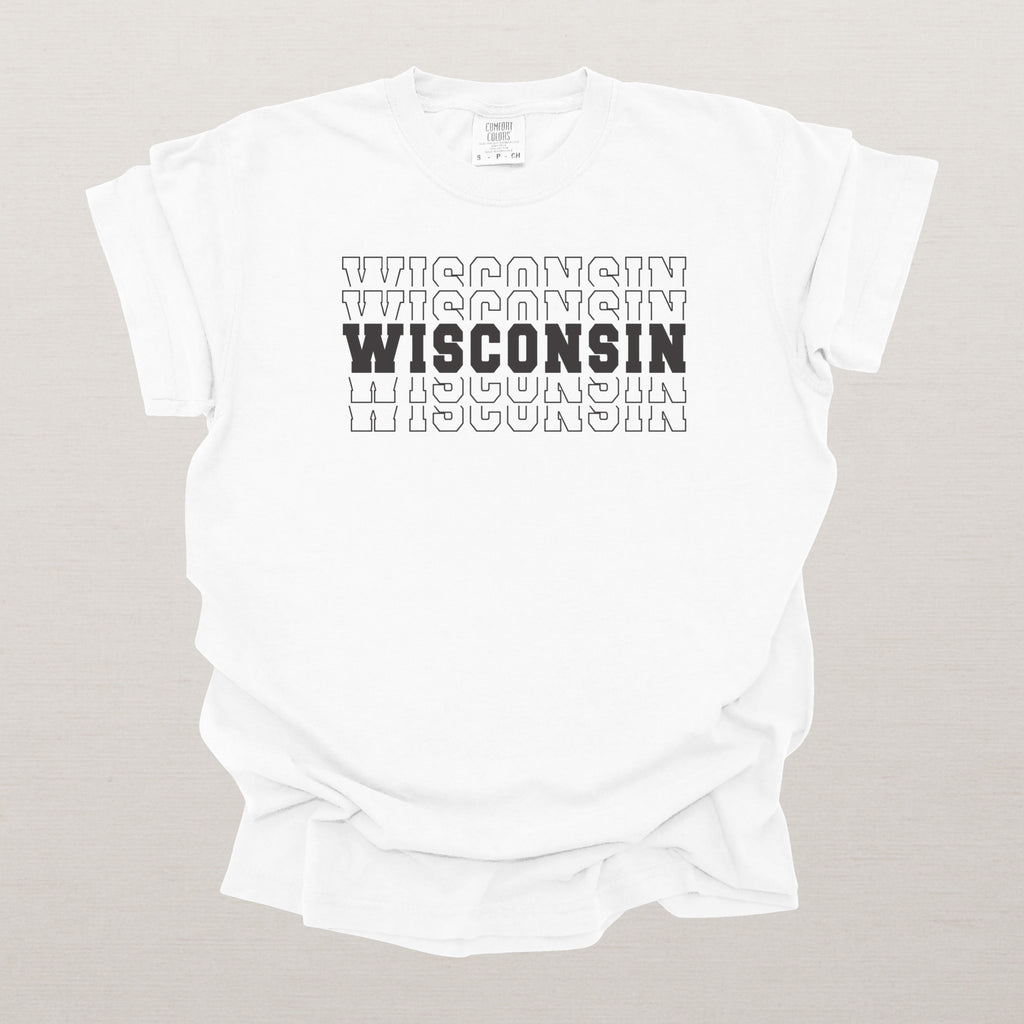 Wisconsin Varsity Echo State Shirt | Comfort Colors Black Text