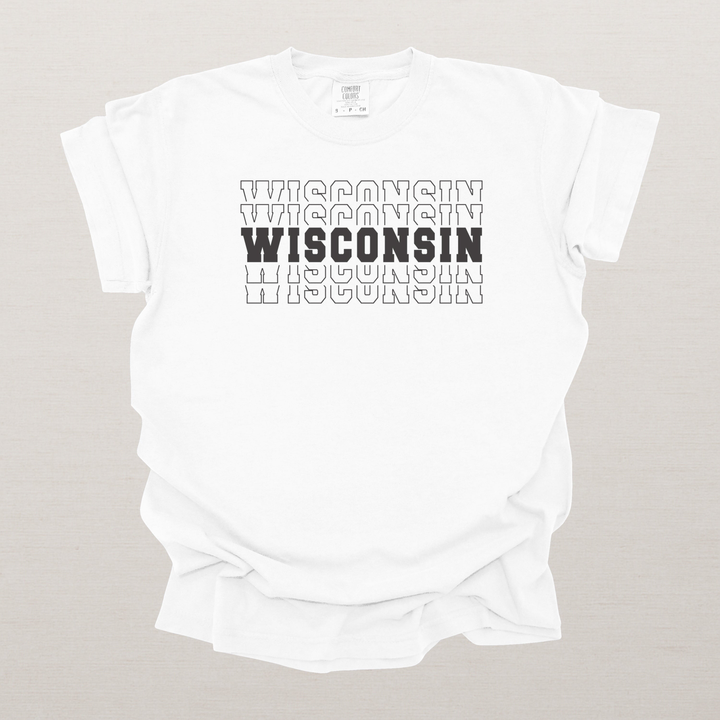 Wisconsin Varsity Echo State Shirt | Comfort Colors Black Text