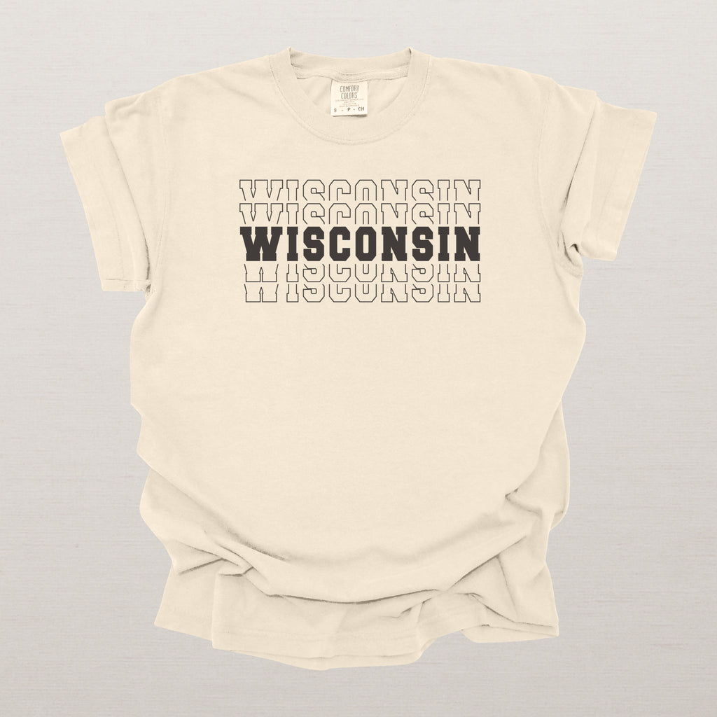 Wisconsin Varsity Echo State Shirt | Comfort Colors Black Text