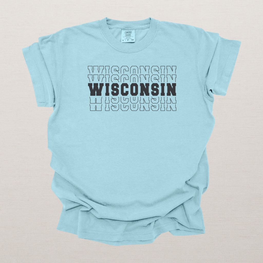 Wisconsin Varsity Echo State Shirt | Comfort Colors Black Text